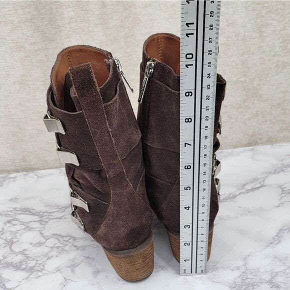 Donald J Pliner Dorria Brown Suede Silver Buckles Mid Calf Block Heel Boots - Picture 12 of 15